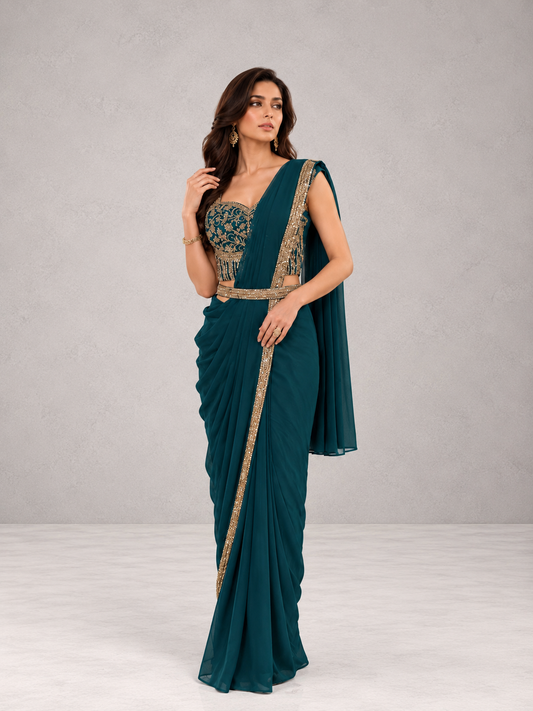 Teal Pre-Draped Saree Set
