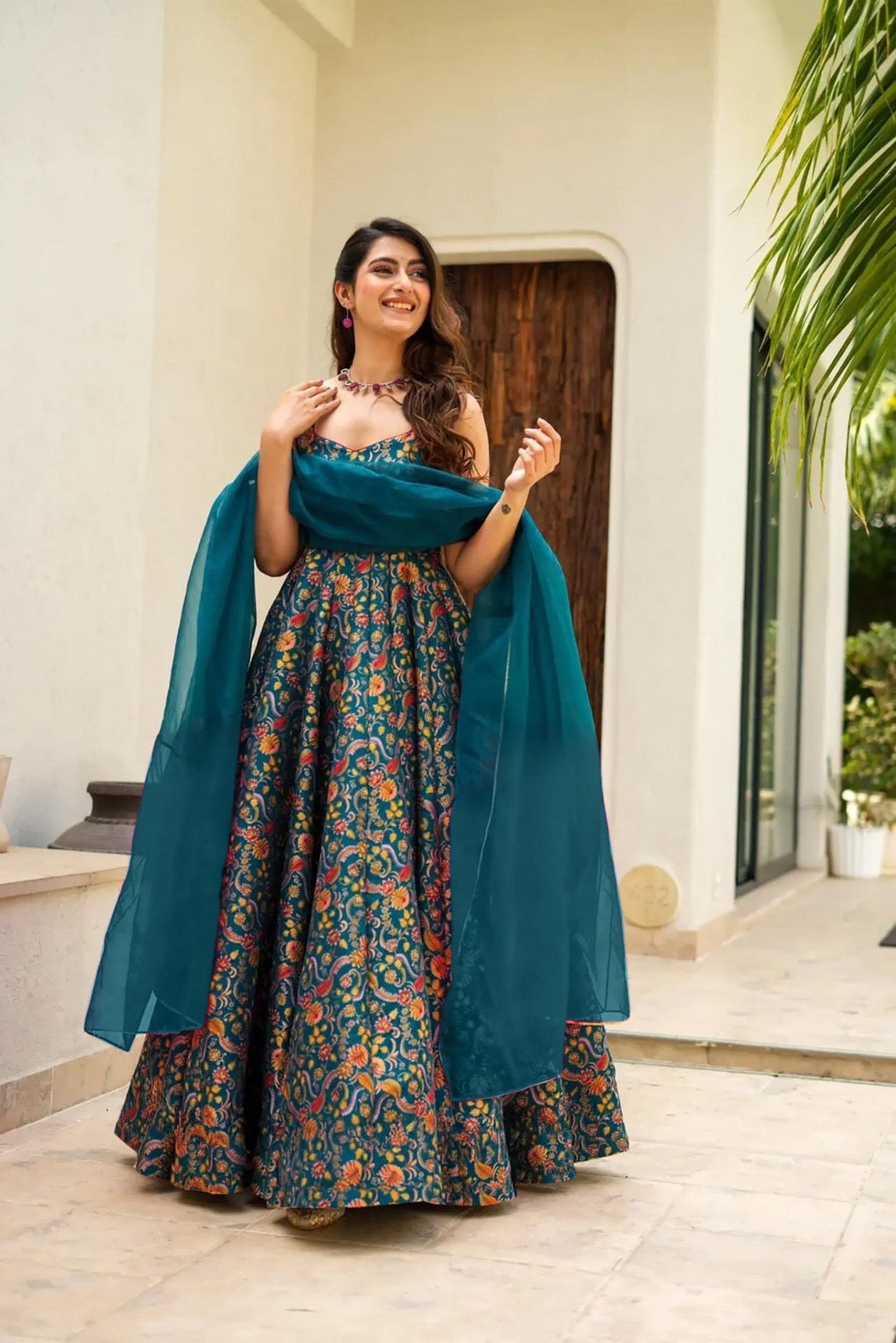 Teal Printed Anarkali Dress