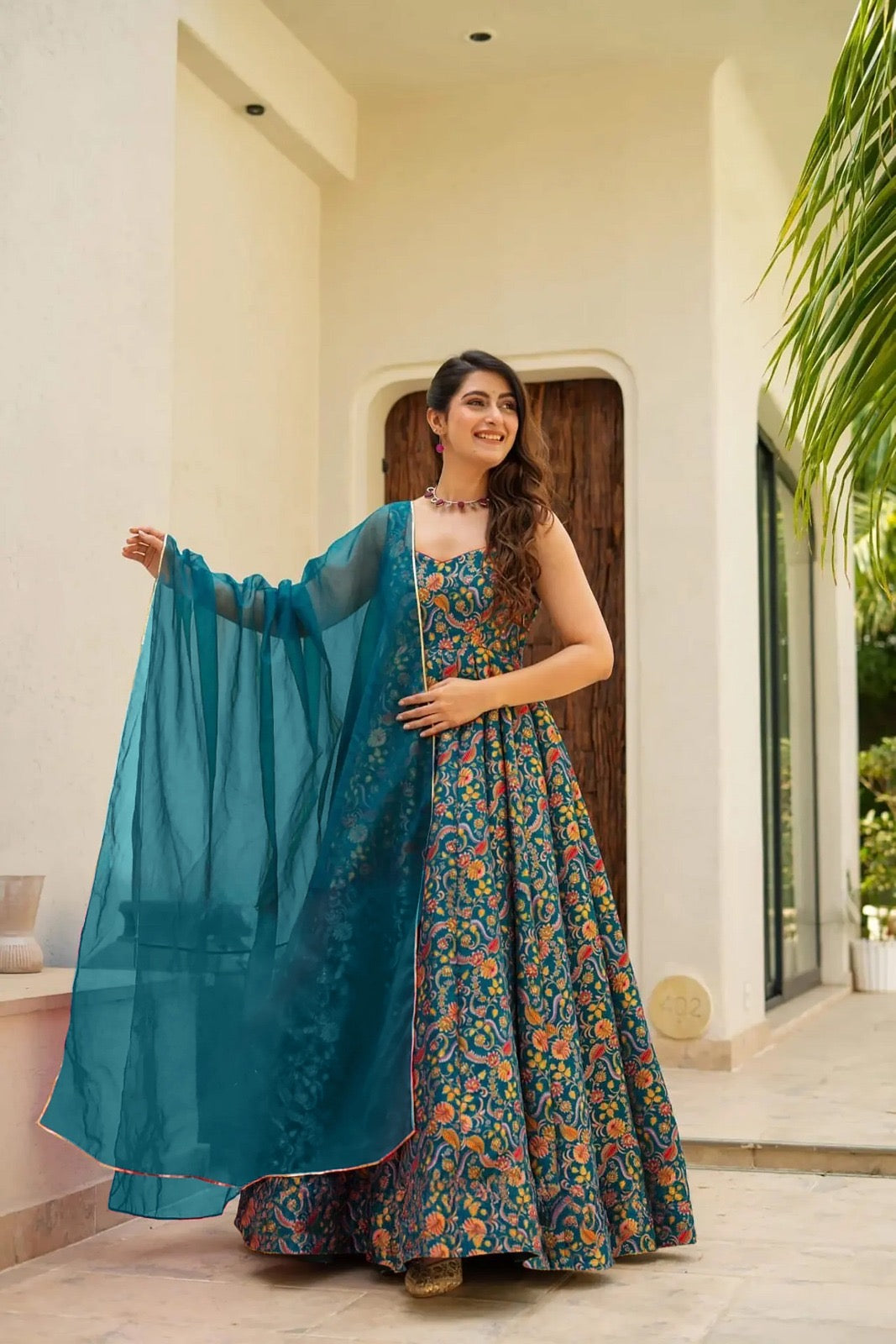 Teal Printed Anarkali Dress