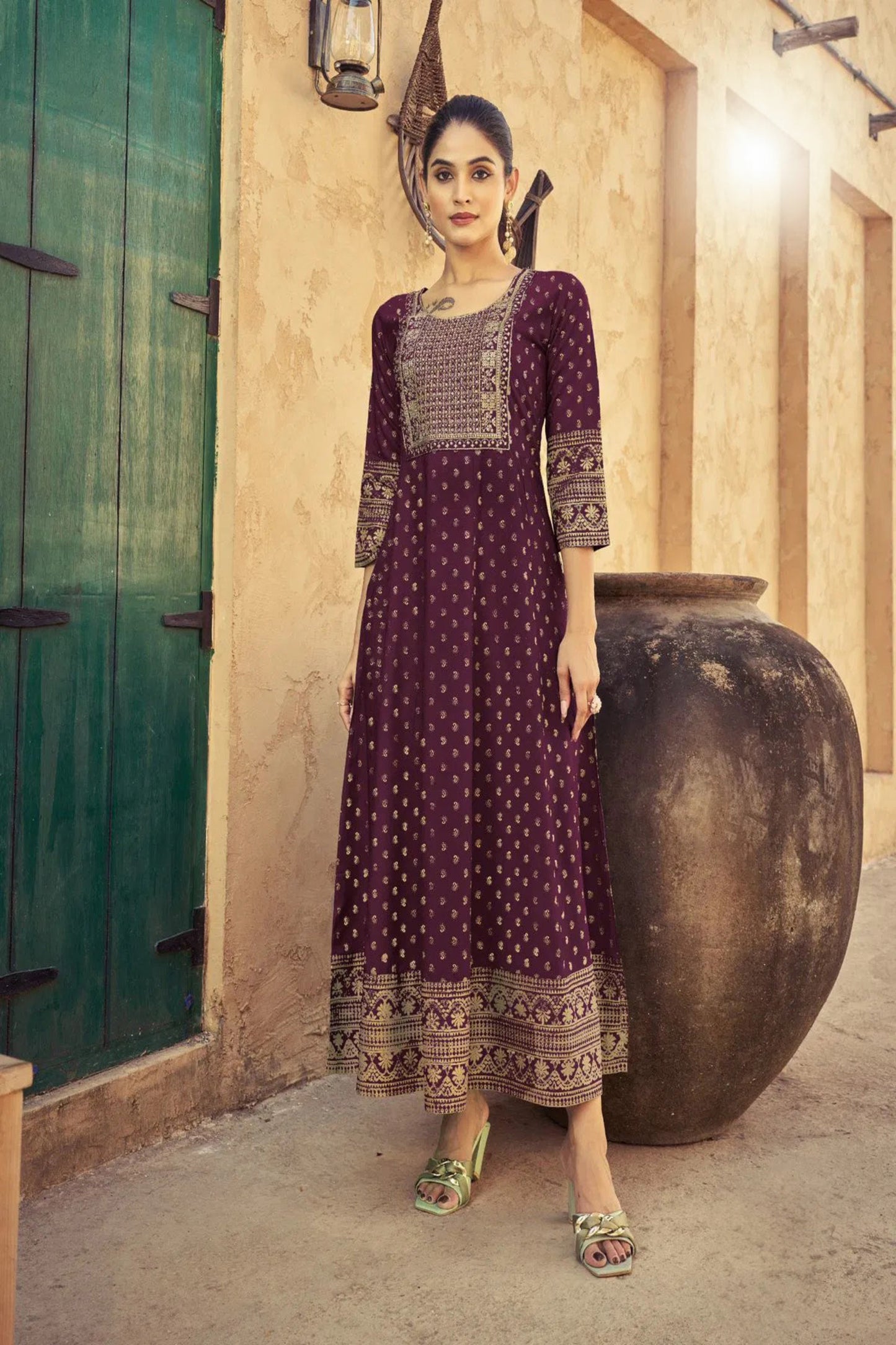 Wine Anarkali Kurti with Neck Embroidery