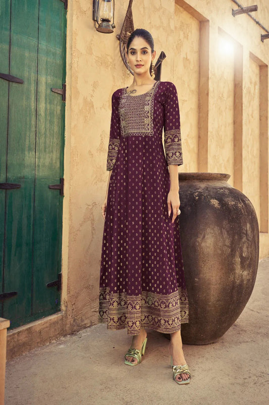 Wine Anarkali Kurti with Neck Embroidery