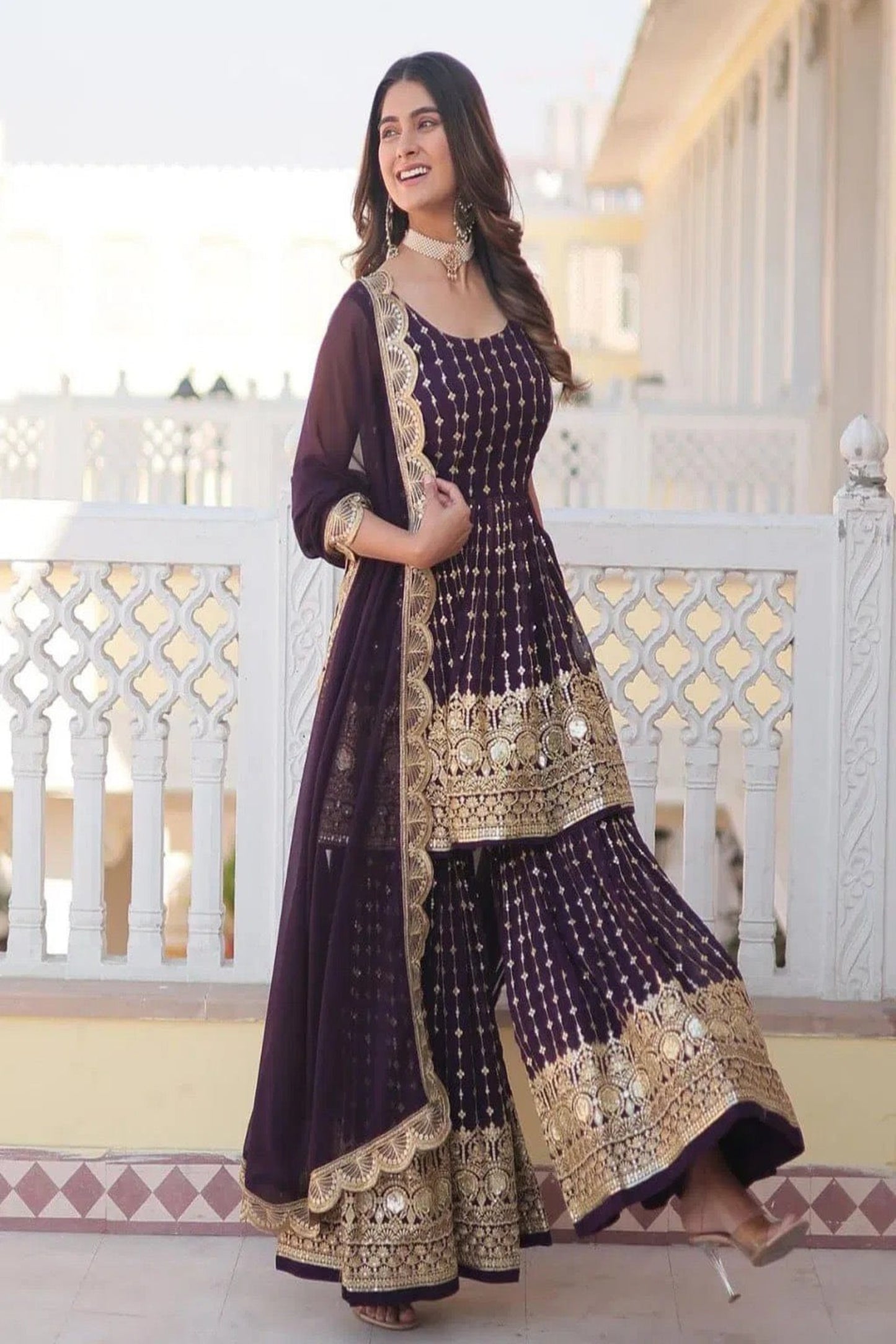 Wine Gold Embroidered Sharara Suit