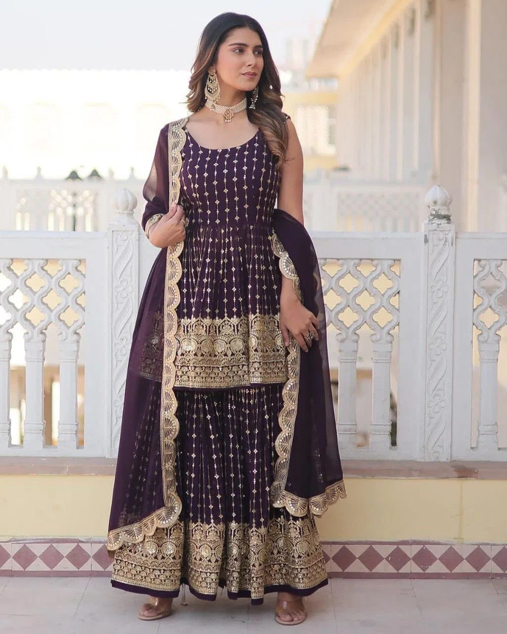 Wine Gold Embroidered Sharara Suit