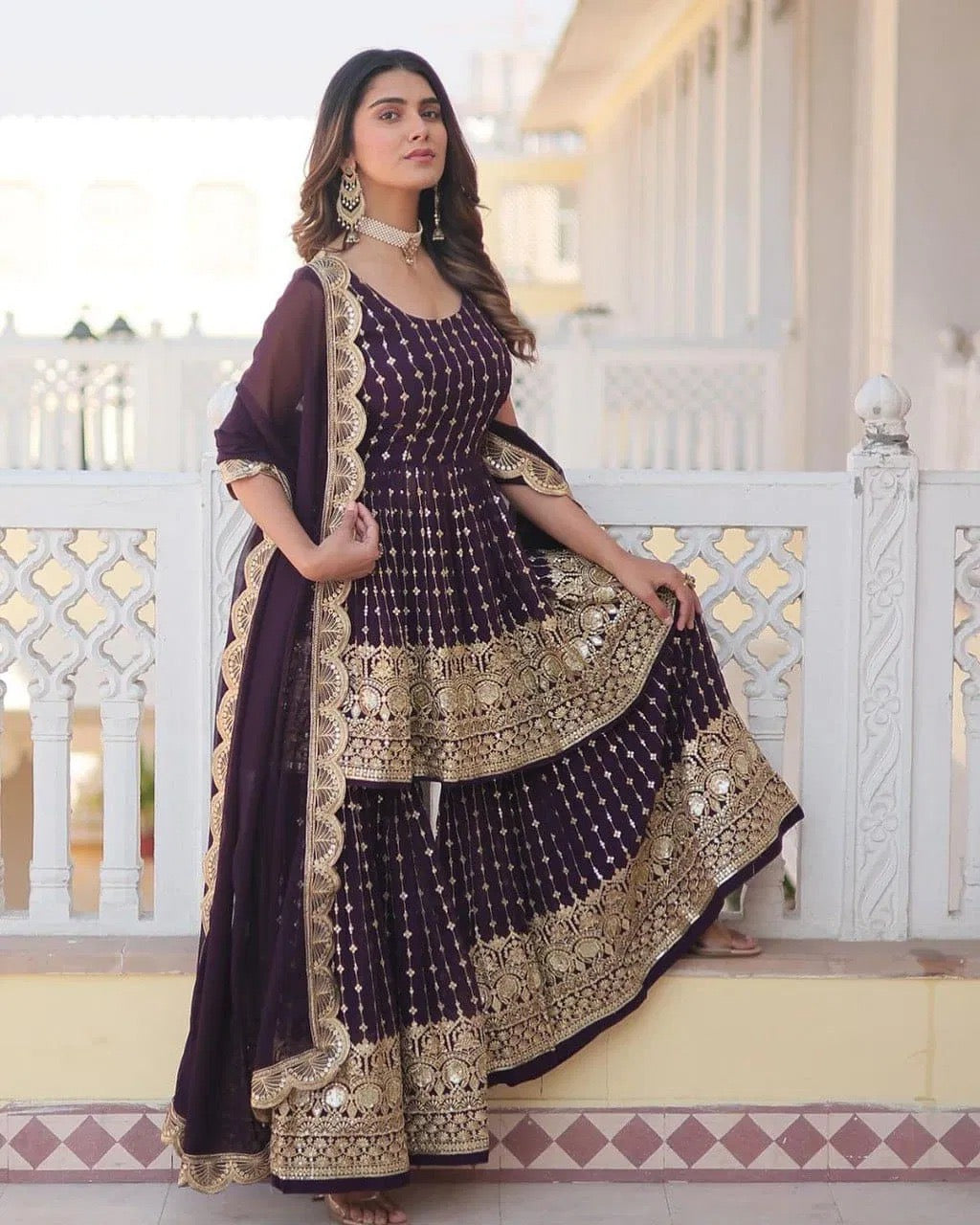 Wine Gold Embroidered Sharara Suit