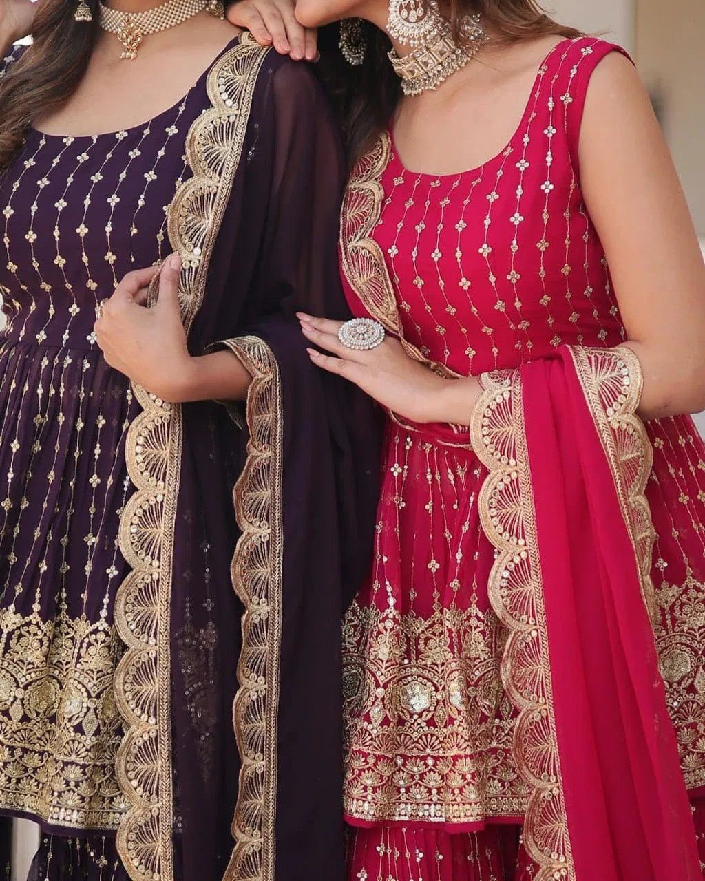 Wine Gold Embroidered Sharara Suit